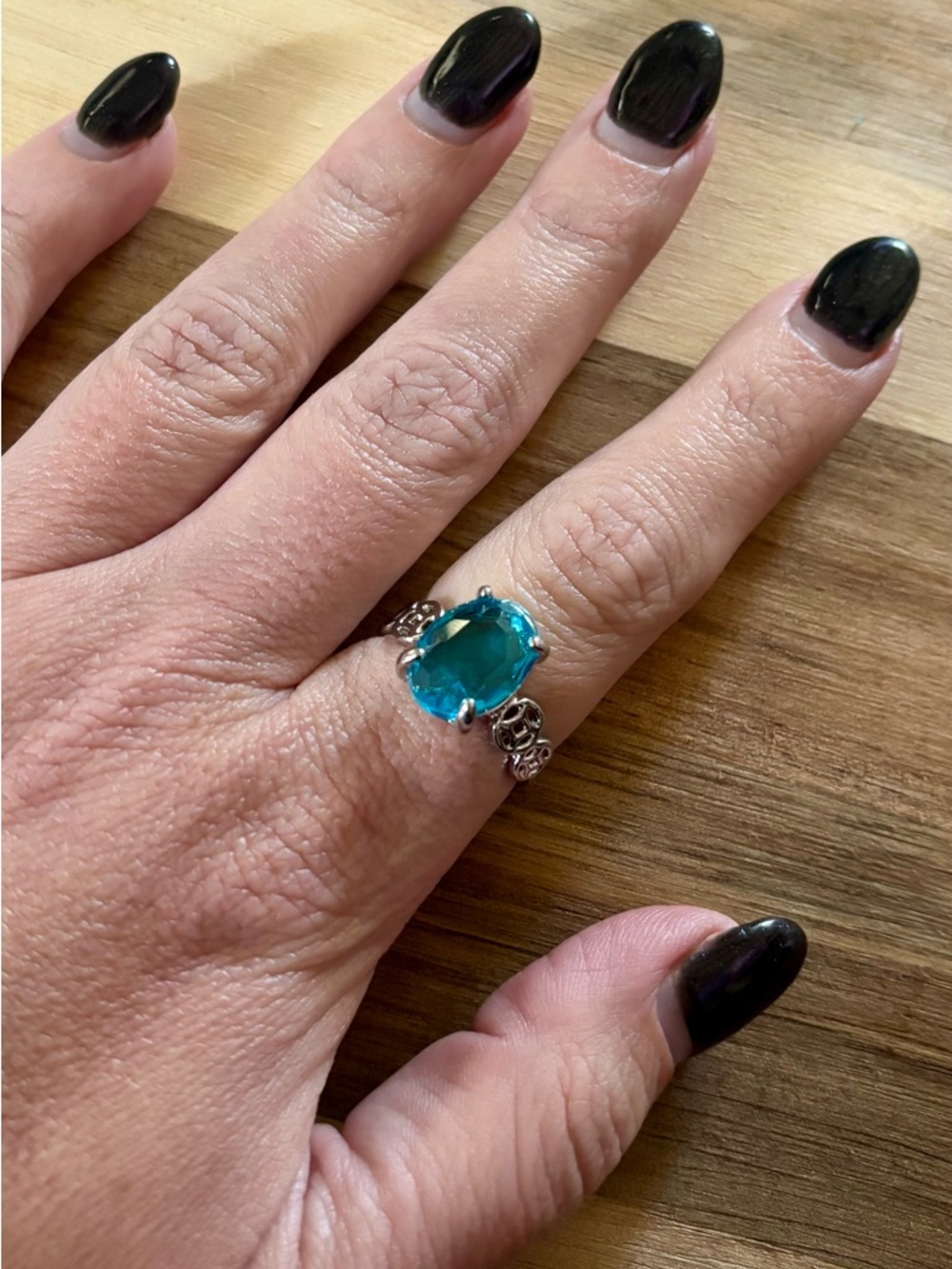 Blue Teal Statement Ring Size 9 | Silver Tone Oval Gemstone Cocktail Ring